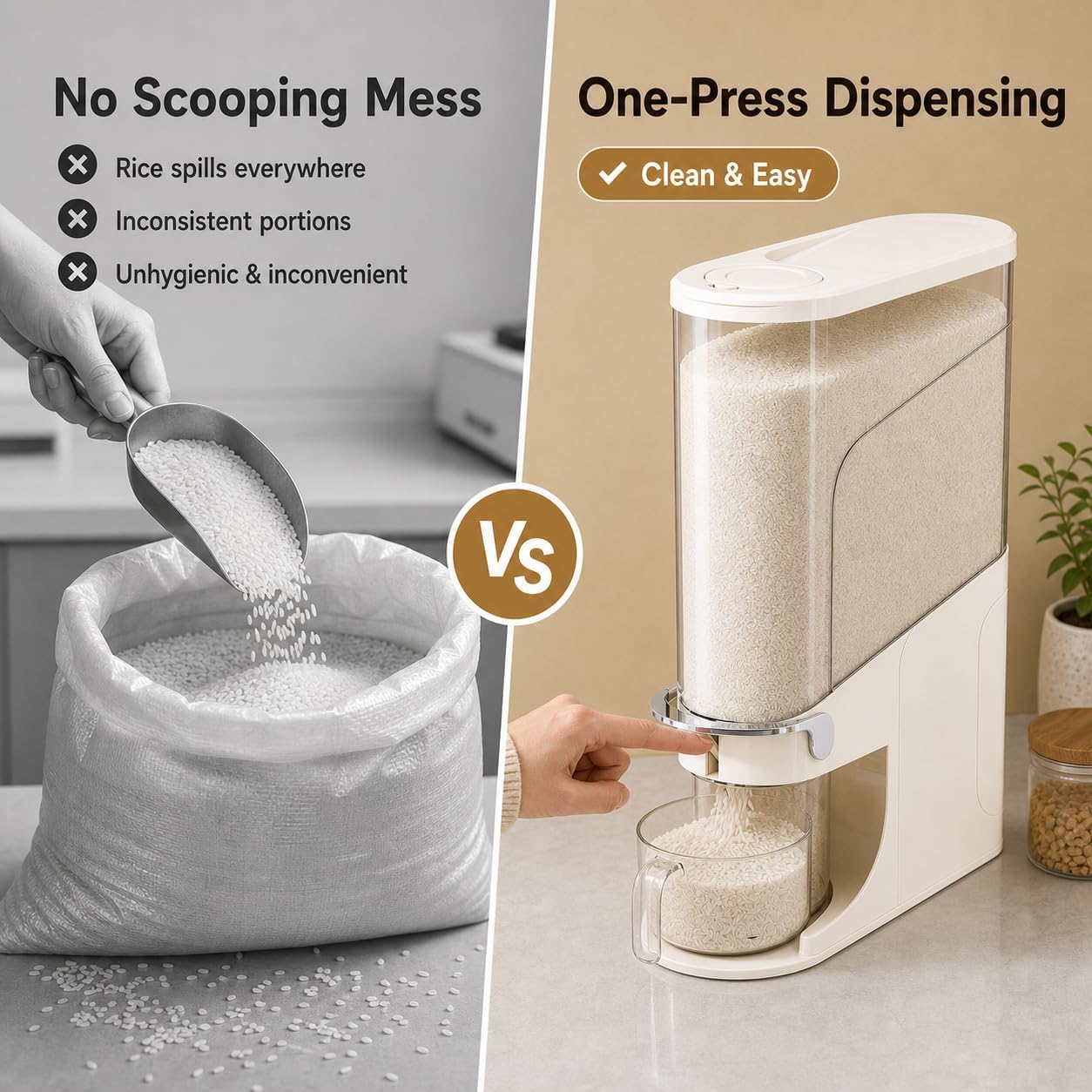 Rice Dispenser 11 Lb, Slim Rice Storage Container with Double Sealing Strip, Press to Dispense Cereal Container Airtight for Kitchen Pantry Organization, (Ivory White-11lb)