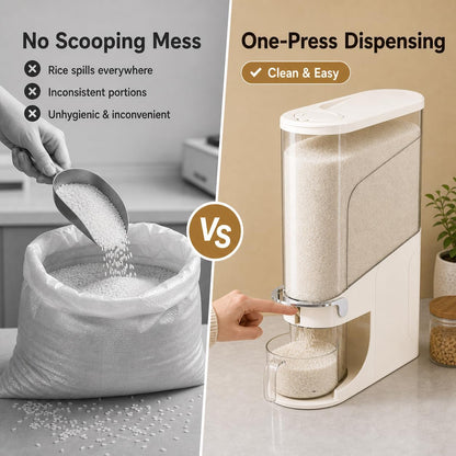 Rice Dispenser 11 Lb, Slim Rice Storage Container with Double Sealing Strip, Press to Dispense Cereal Container Airtight for Kitchen Pantry Organization, (Ivory White-11lb)