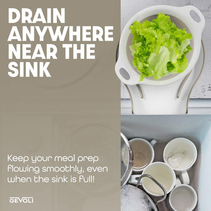 Gevoli 3-Pack Collapsible Colanders with Self-Draining Base, Over Sink-edge Silicone Food Strainers, Small/Med/Large Sizes, Nesting for Easy Compact Storage (3Qt, 4Qt, 5-Quart Set) Green/Gray