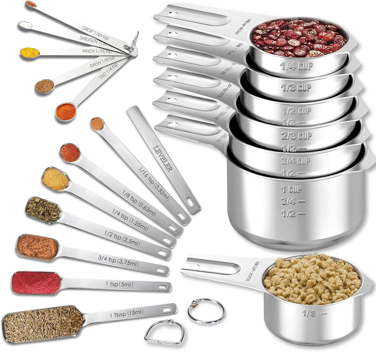 35PCS Stainless Steel Measuring Cups and Spoons Set, 7 Nesting Measuring Cups, Round & Rectangular Spoons with Clear Engraved Markings, 2-Pack Mini Spoon Sets with Leveler for Precise Cooking & Baking