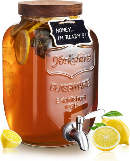 mustry Glass Drink Dispenser for Parties, 1 Gallon Beverage Dispenser with Stand and Spigot Solid Stainless Steel, Used as Lemonade Dispenser Sun Tea Jar Kombucha Jar, Set of 2