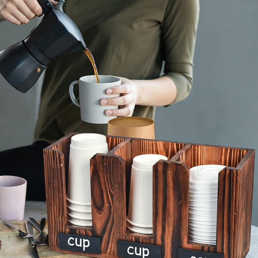 Rustic Torched Brown Wood Countertop Holder Disposable Paper Cup Wall Mounted Foam to Go Coffee Cups Server Caddy Table Top Chalkboard Labels Drink Station Café Bar Parties Organizer Rack