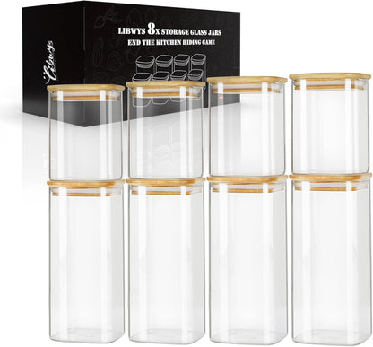 LIBWYS 12-Pack Square Glass Storage Jars with Bamboo Lids (0.6Qt/1.06Qt) - Stackable Food Containers for Pantry Organization, Coffee, Flour, Snacks, Tea | Kitchen Canisters Set