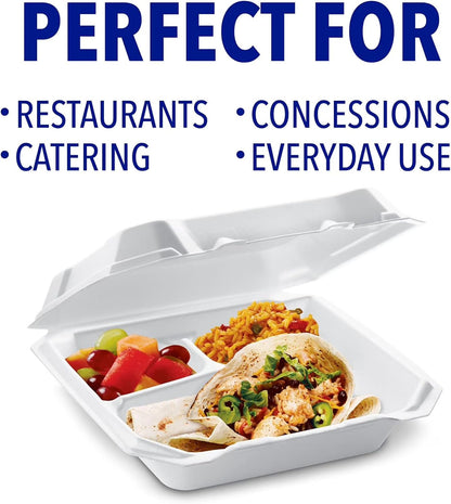 maker explorador Supreme Foam Hinged Lid Containers — 3-Compartment Disposable Foam Takeout Boxes, 60 -Pack, Leak-Resistant & Soak-Proof, Ideal for Meals, Takeout, Catering & Leftovers