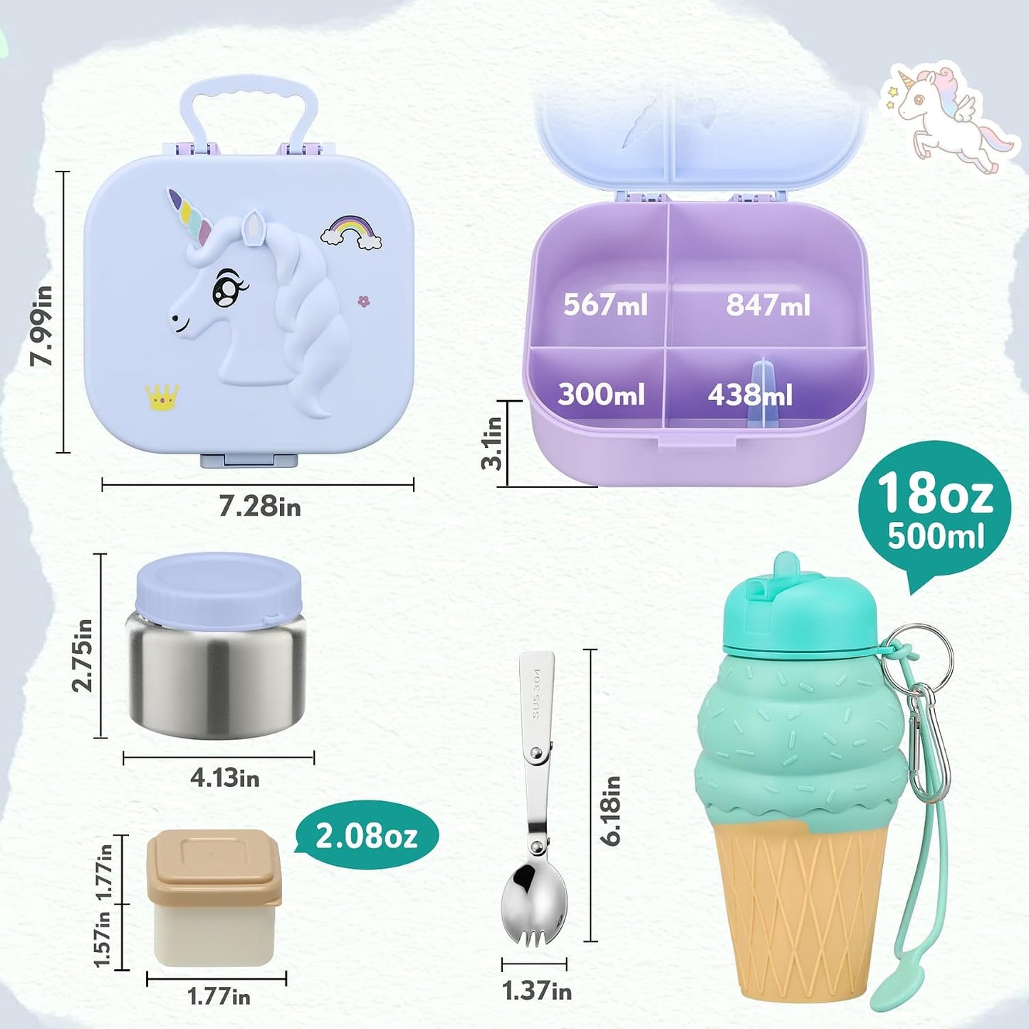 Aimsnk Magical Fantasy Lunch Box Set for Kids - 12oz Insulated Food Jar, Collapsible Space Cup & Utensils,Thermal Bag & Leakproof Bento Containers with Cutlery (BPA Free) - Ages 3-10 (Blue-Gradient)