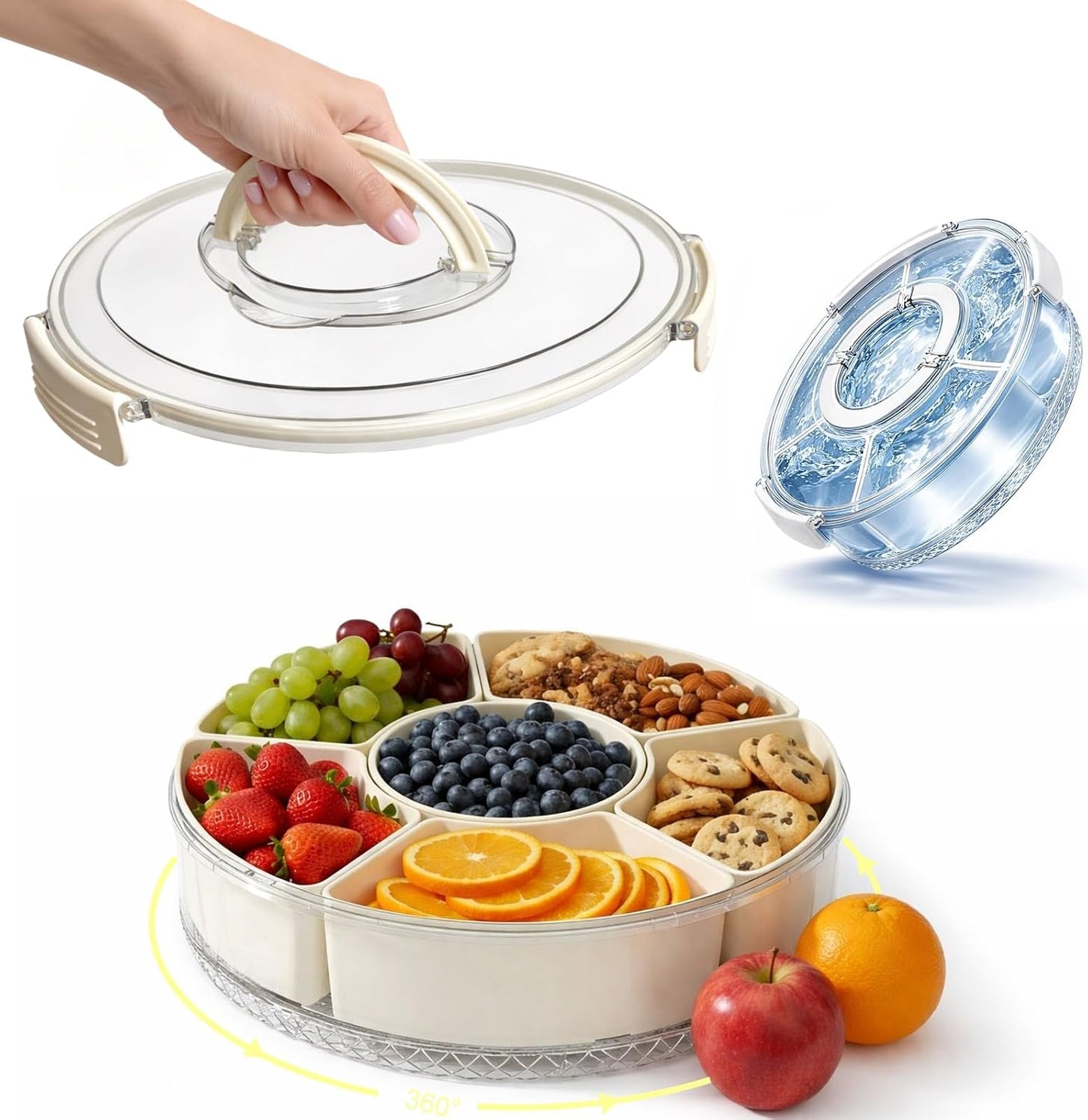 Vegetable Serving Tray with Lid and Handle, 12-Inch Rotating Fruit Tray with 5 Divided Sections & Center Bowl, Round Veggie Tray Container for Family Snacks, Parties & Movie Nights
