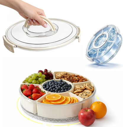 Vegetable Serving Tray with Lid and Handle, 12-Inch Rotating Fruit Tray with 5 Divided Sections & Center Bowl, Round Veggie Tray Container for Family Snacks, Parties & Movie Nights