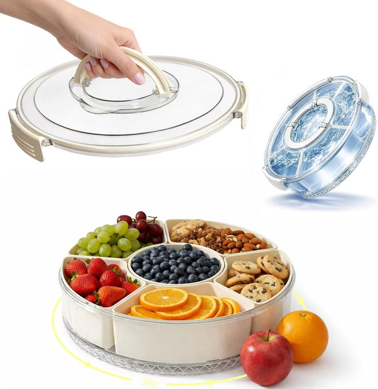 Vegetable Serving Tray with Lid and Handle, 12-Inch Rotating Fruit Tray with 5 Divided Sections & Center Bowl, Round Veggie Tray Container for Family Snacks, Parties & Movie Nights