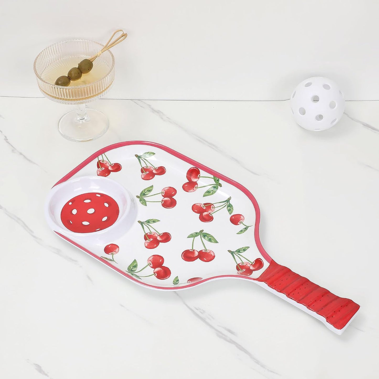 UPware Flamingo Melamine Chip and Dip Snack Tray, Tropical Floral Pickleball Paddle Shape Platter for Chips, Salsa, Fruits, and Appetizers, 15.75 x 8 Inch