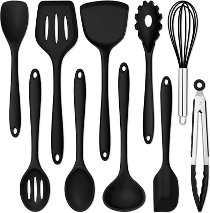 E-far 10 Pieces Silicone Cooking Utensils Set, Heat Resistant Kitchen Utensil Set for Nonstick Cookware, Kitchen Cooking Tools with Spatula, Spoon, Slotted Turner, Non-Toxic & Dishwasher Safe (Khaki)