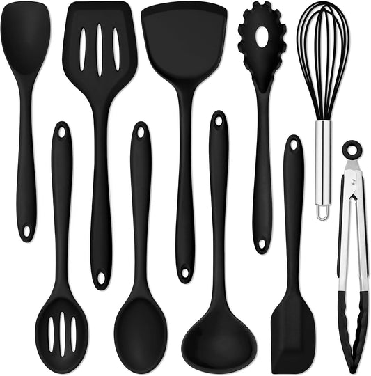 E-far 10 Pieces Silicone Cooking Utensils Set, Heat Resistant Kitchen Utensil Set for Nonstick Cookware, Kitchen Cooking Tools with Spatula, Spoon, Slotted Turner, Non-Toxic & Dishwasher Safe (Khaki)