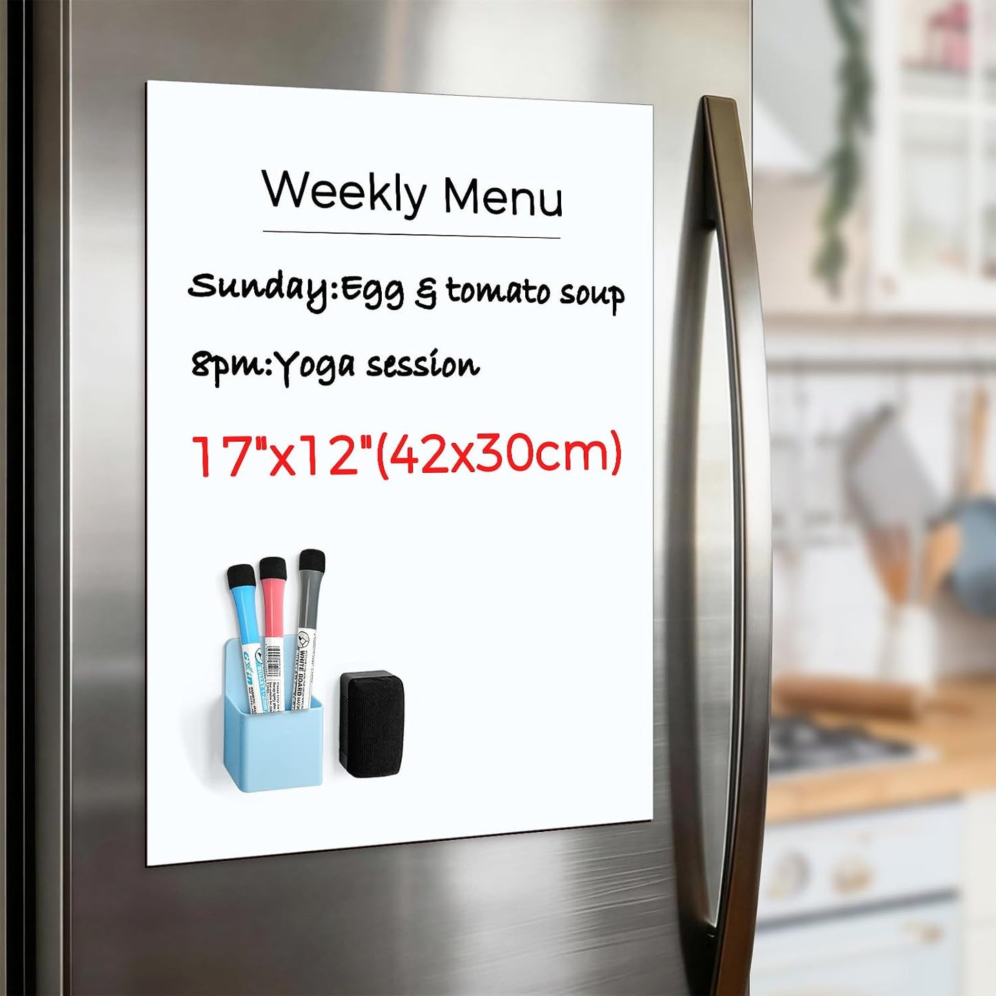 CUHIOY Dry Erase Self Adhesive Magnetic Whiteboard Sticker on Any Smooth Surface, Stain Resistant 17x12 Fridge Whtieboard Magnet Sheet, Used as Weekly Meal Planner Reminder Notice 3 Marker Pens