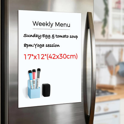 CUHIOY Dry Erase Self Adhesive Magnetic Whiteboard Sticker on Any Smooth Surface, Stain Resistant 17x12 Fridge Whtieboard Magnet Sheet, Used as Weekly Meal Planner Reminder Notice 3 Marker Pens