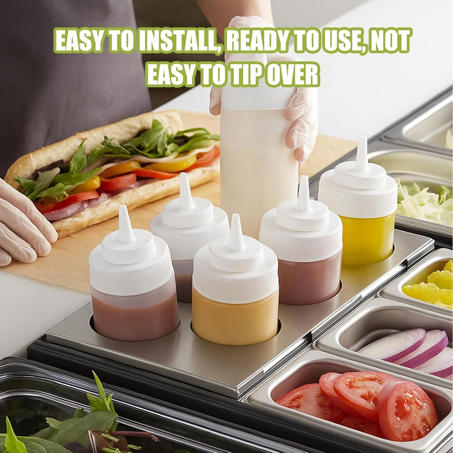 LemonRoad 2 Pack 6 Hole Stainless Steel Squeeze Bottle Template Fits 1/3 Size Food Pan Holds Six 75mm Diameter Bottles for Restaurant Kitchen Sauces Dressings or Condiments Convenient Storage