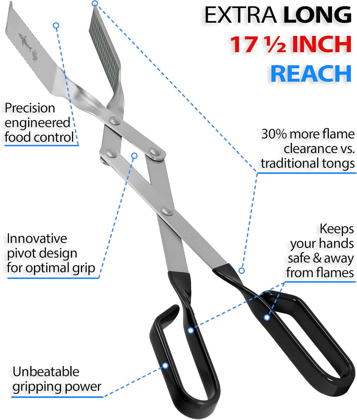 Steak Grill Tongs - 17 inch Red. Professional outdoor grilling utensil. Long reach Barbeque Grilling Tongs. Ideal for steak, fish, burger, and sausage