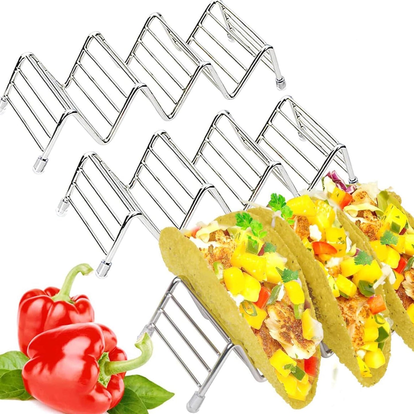 MEKBOK Taco Holders set of 3,Stainless Steel Taco Shell Holder Stand,Taco Tray Plates for Taco Bar Gifts Accessories,Holds 4 Tacos Each,Oven Safe for Baking, Dishwa sher and Grill Safe