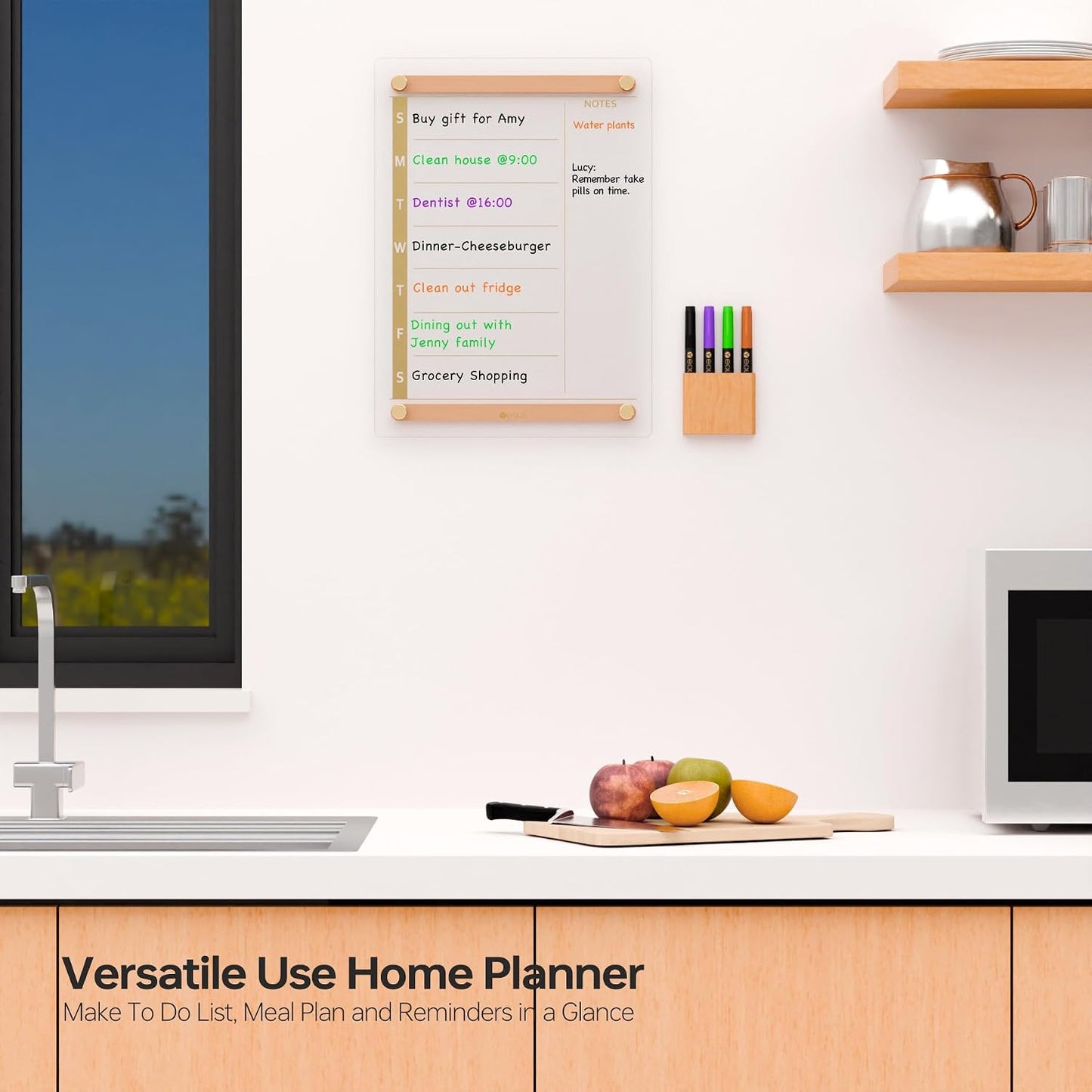 Clear Glass Weekly Dry Erase Calendar & Menu Non-Magnetic Whiteboard for Wall, Meal Plan & Grocery List White Board for Kitchen, 15x11, 7 Days Home Planner, 4 Wet Erase Markers Included, Yeoux