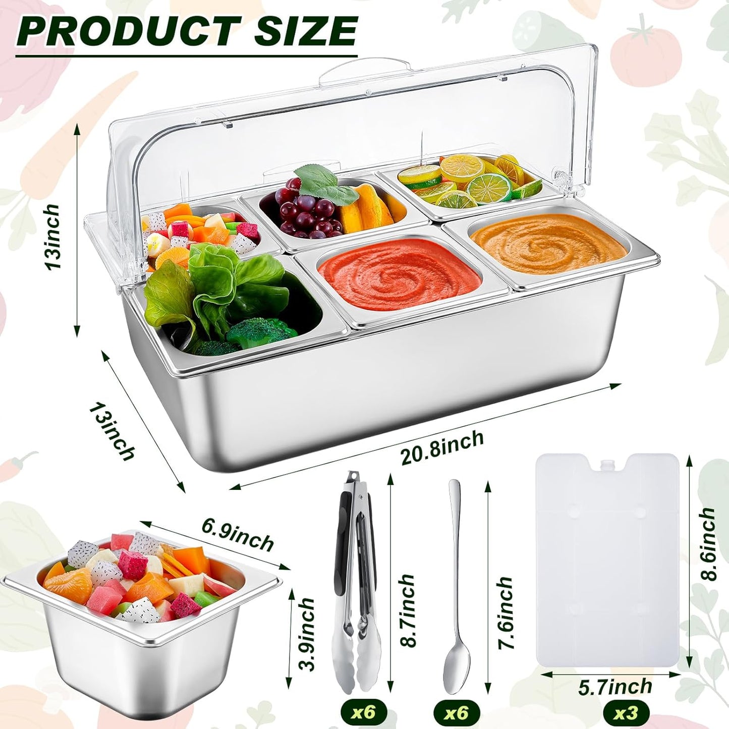 Condiment Tray Stainless Steel Serving Display Set with Lid for Buffet Restaurant Kitchen, Food Chilled Container for Salad Fruit Condiments, Keeps Food Fresh with Ice Box(6 Compartments)
