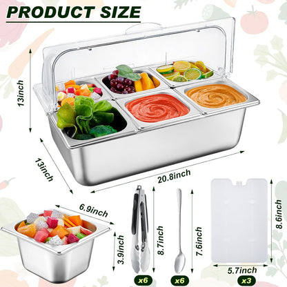 Condiment Tray Stainless Steel Serving Display Set with Lid for Buffet Restaurant Kitchen, Food Chilled Container for Salad Fruit Condiments, Keeps Food Fresh with Ice Box(6 Compartments)