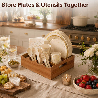 Utensil Holder & Silverware Organizer, Acacia Wood Kitchen Utensil Caddy for Countertop, 6 Compartment Paper Plate Holders & Dispenser, Wooden Cutlery Holder with Handle for Party, Natural Acacia