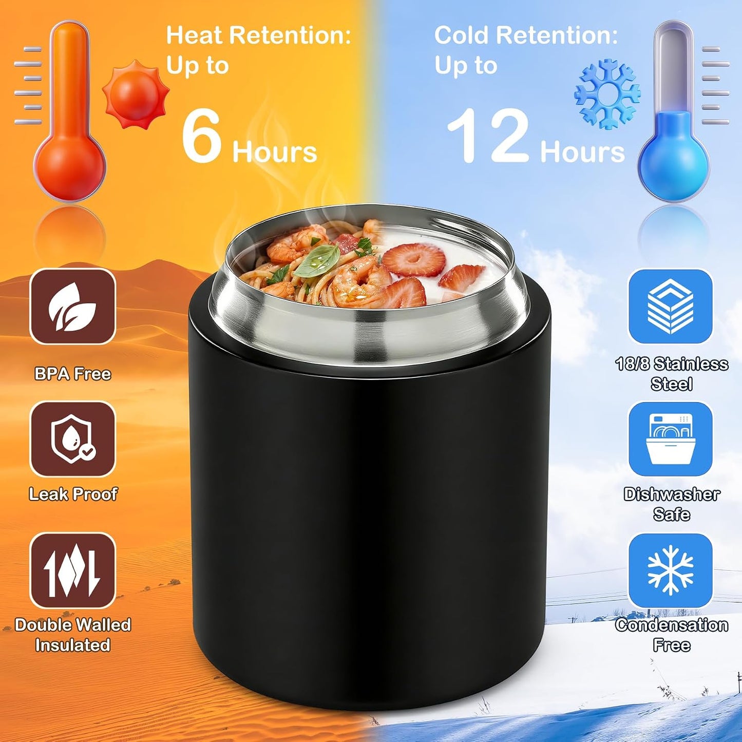 2 - in - 1 Soup Thermo for Hot Food 14oz with Snack Box Container Leak Proof Insulated Lunch Container Kids and Adults Stainless Steel Double Wall Vacuum Wide-mouth Thermal with Spoon and Handle