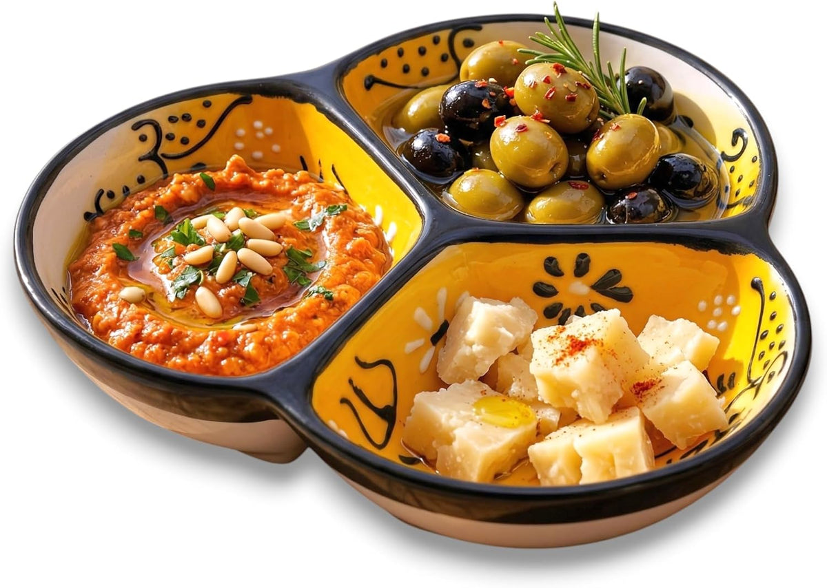 3-Compartment Ceramic Serving Dish, Handmade in Spain