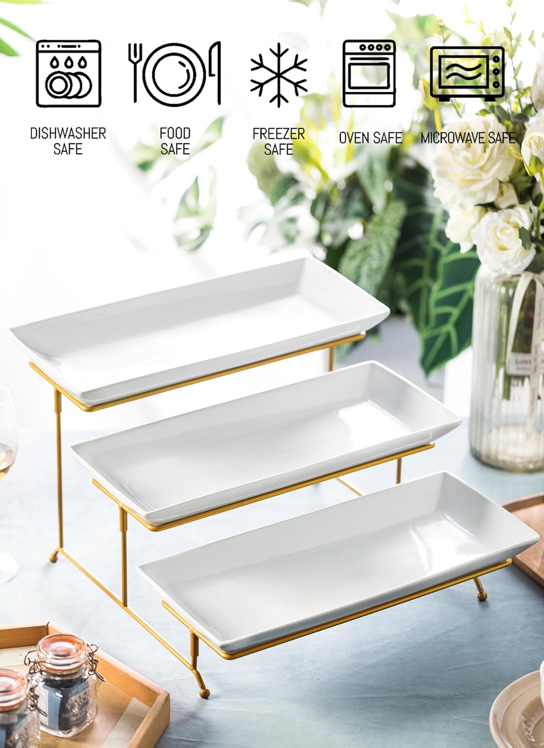 LYEOBOH 3 Tier Serving Bowls Set Tiered Serving Stand, Porcelain Oval Bowls with Collapsible Metal Stand for Entertaining, Party, Dessert Display, Candy, Chip and Dip (Gold)-45oz / 17.5oz / 7oz