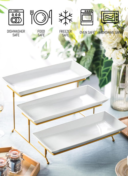 LYEOBOH 3 Tier Serving Bowls Set Tiered Serving Stand, Porcelain Oval Bowls with Collapsible Metal Stand for Entertaining, Party, Dessert Display, Candy, Chip and Dip (Gold)-45oz / 17.5oz / 7oz