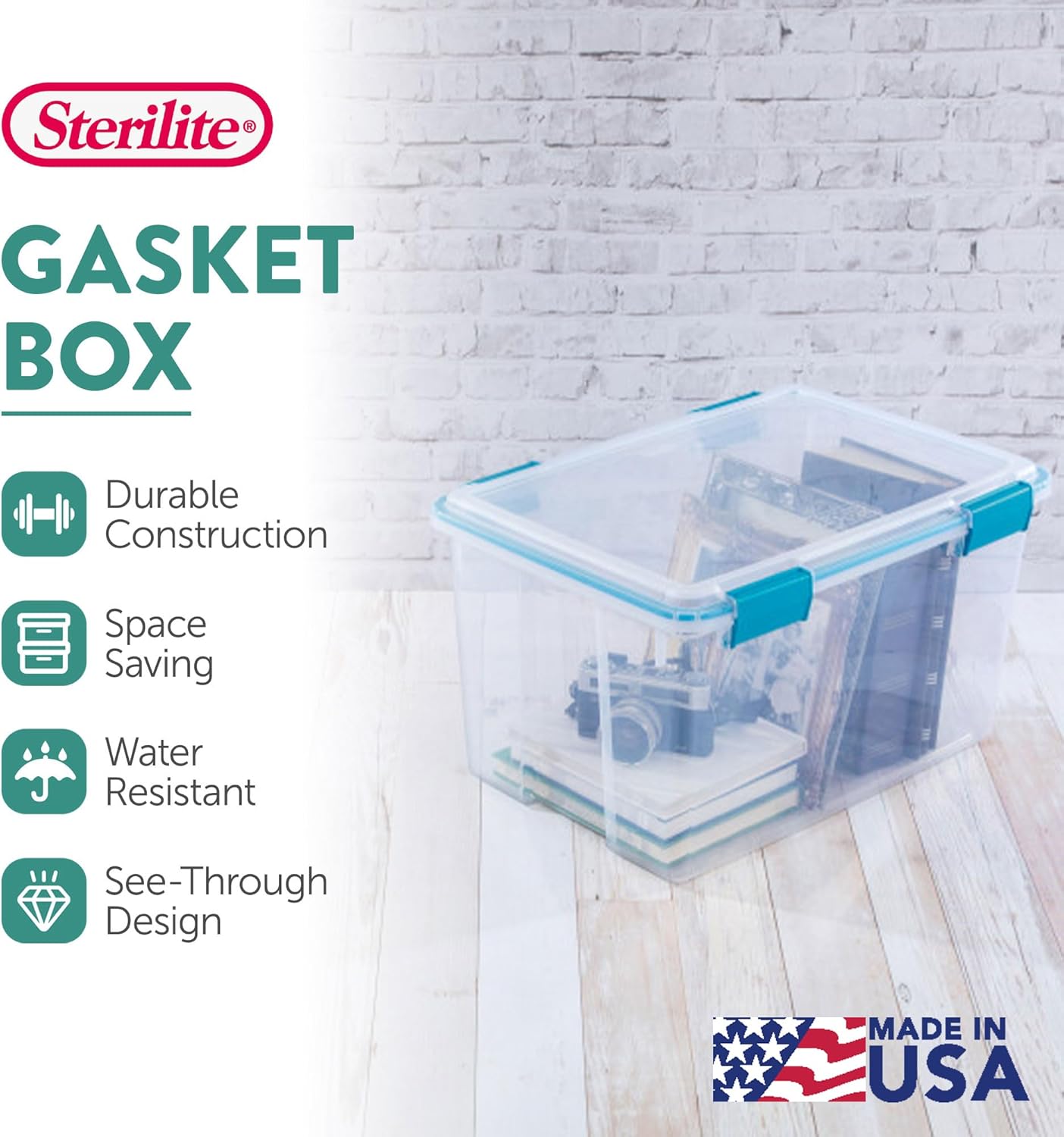 Sterilite 80 Qt Gasket Box, Stackable Storage Bin with Latching Lid and Tight Seal, Plastic Container to Organize Basement, Clear Base and Lid, 1-Pack