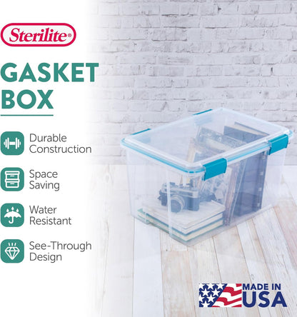 Sterilite 80 Qt Gasket Box, Stackable Storage Bin with Latching Lid and Tight Seal, Plastic Container to Organize Basement, Clear Base and Lid, 1-Pack