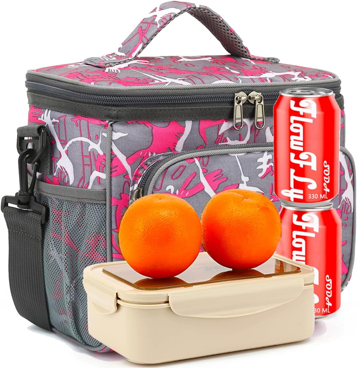 FlowFly Insulated Reusable Lunch Bag Adult Large Lunch Box for Women and Men with Adjustable Shoulder Strap,Front Zipper Pocket and Dual Large Mesh Side Pockets,Cherry - Colors B