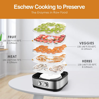 OSTBA Food Dehydrator Machine Adjustable Temperature & 72H Timer, 5-Tray Dehydrators for Food and Jerky, Fruit, Dog Treats, Herbs, Snacks, LED Display, 240W Electric Food Dryer, Recipe Book