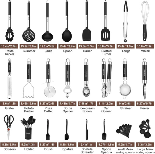 Kitchen Utensils Set-Silicone Cooking Utensils-33pcs Non-Stick Silicone Cooking Kitchen Utensils Spatula Set with Holder-Best Kitchen Cookware with Stainless Steel Handle (Khaki)