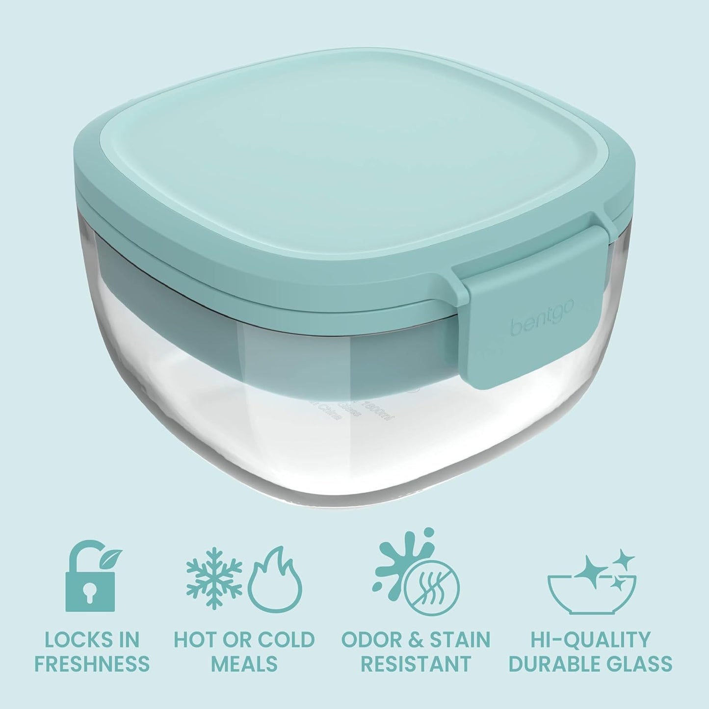 Bentgo Glass Salad Container - 7.6-Cup Salad Bowl with Airtight Lid, Leak-Proof Sauce Container, 4-Compartment Bento Tray & Reusable Fork - BPA-Free for Meal Prep, Office & More (Light Blue)