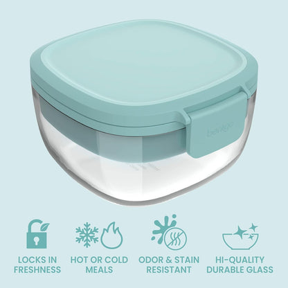 Bentgo Glass Salad Container - 7.6-Cup Salad Bowl with Airtight Lid, Leak-Proof Sauce Container, 4-Compartment Bento Tray & Reusable Fork - BPA-Free for Meal Prep, Office & More (Light Blue)