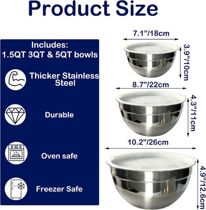 Stainless Steel Mixing Bowls With Lid, Metal Nesting Mixing Bowl Set Of 3, Prep Bowls For Food Prep, Cooking, Baking, Serving, Storage, Dishwasher Safe, Metal Bowls with Lids for 1.5/3/5 Qt, Silver