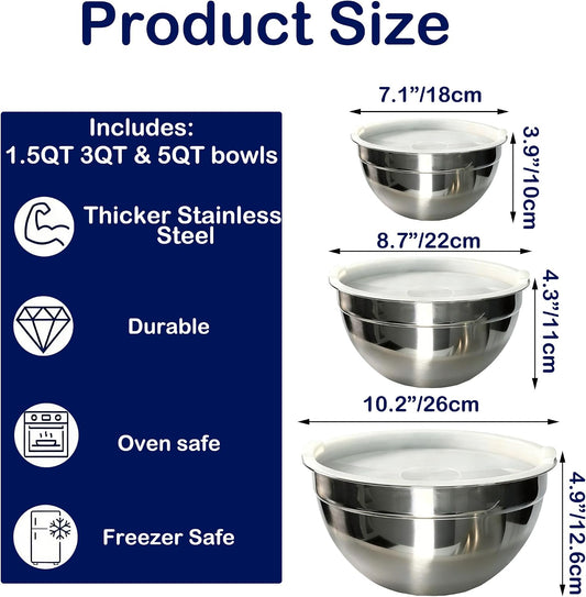 Stainless Steel Mixing Bowls With Lid, Metal Nesting Mixing Bowl Set Of 3, Prep Bowls For Food Prep, Cooking, Baking, Serving, Storage, Dishwasher Safe, Metal Bowls with Lids for 1.5/3/5 Qt, Silver