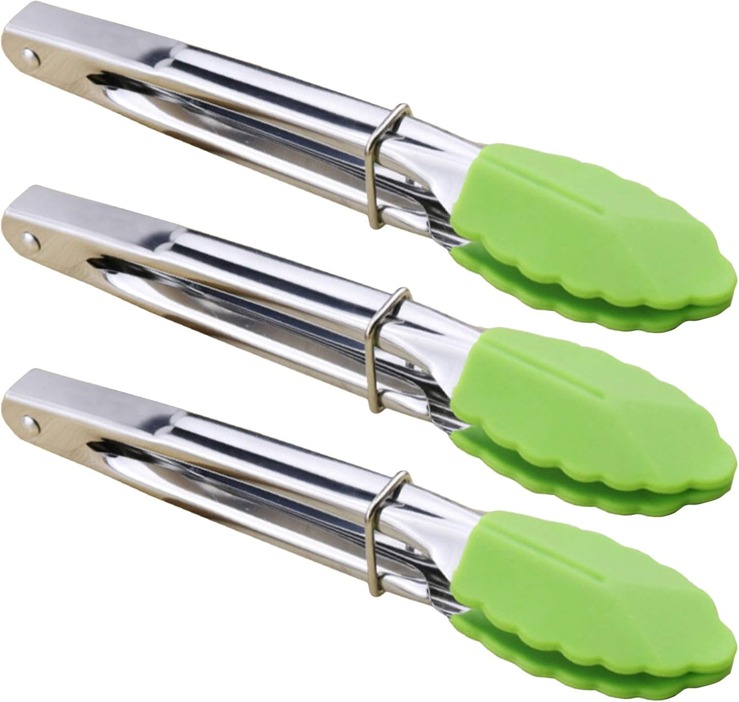 HINMAY Mini Stainless Steel Food Tongs with Silding Rings 7-Inch, Set of 6 | Small Clam Shell Service Tongs for Serving Appetizers, Desserts, Salads, Barbecue and Cooking (Silver)