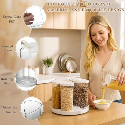 6 Grids 360° Rotating Cereal Dispenser Countertop - 7 lbs Rice Dispenser for Pantry Kitchen - Small Food Storage Containers Set with Lids - Grain Cereal Storage Container for Oats, Flour, Bean
