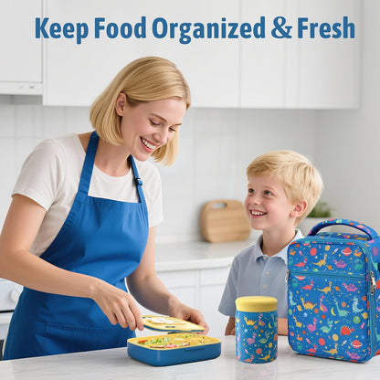 Kids Bento Lunch Box with Thermo Leak-Proof Snack Lunch Containers with Insulated Lunch Bag Utensils Set Back to School Supplies Gifts for Boys and Girls Toddlers Kindergarten Lunch Accessories Blue