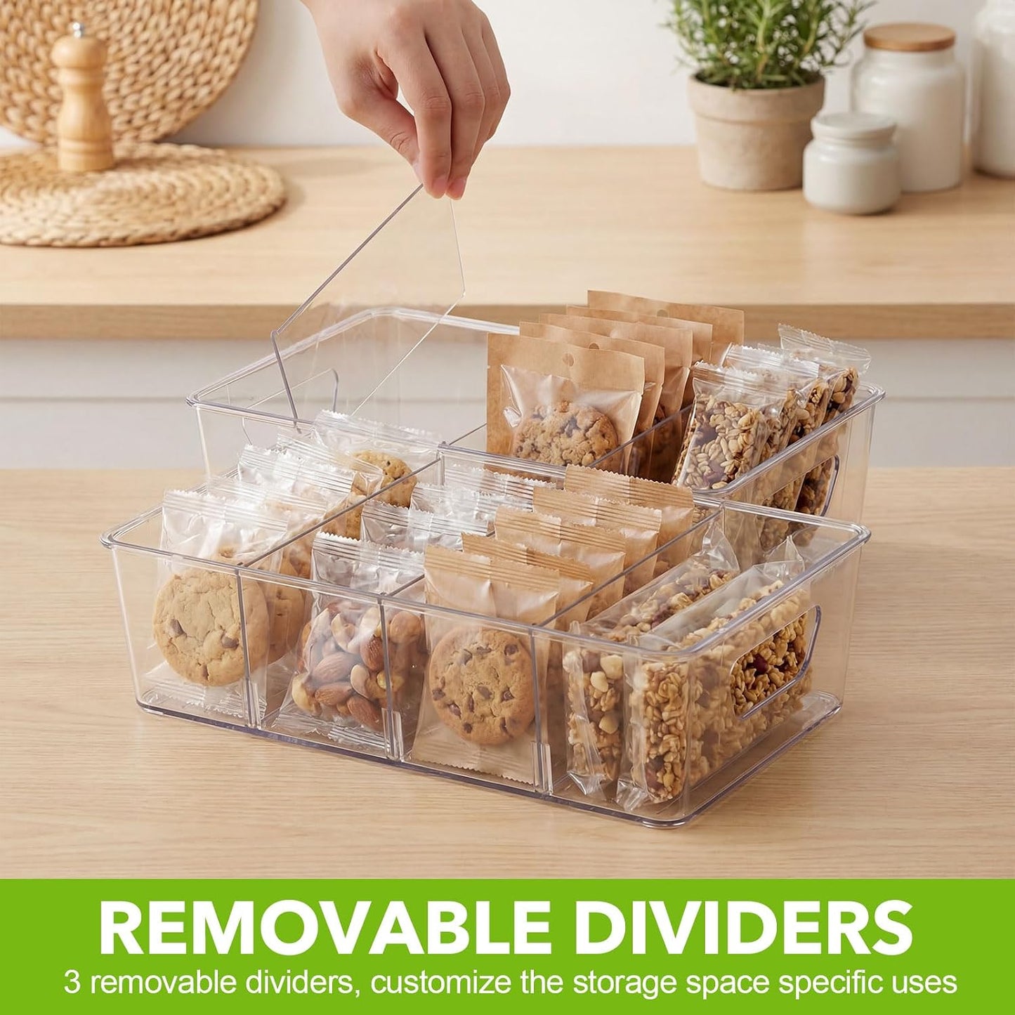 8 Pcs Pantry Organizers Bins, Clear Plastic Stackable Snack Storage Containers with 3 Dividers for Kitchen Cabinet Fridge Shelf Organization, 4 Compartment Holder