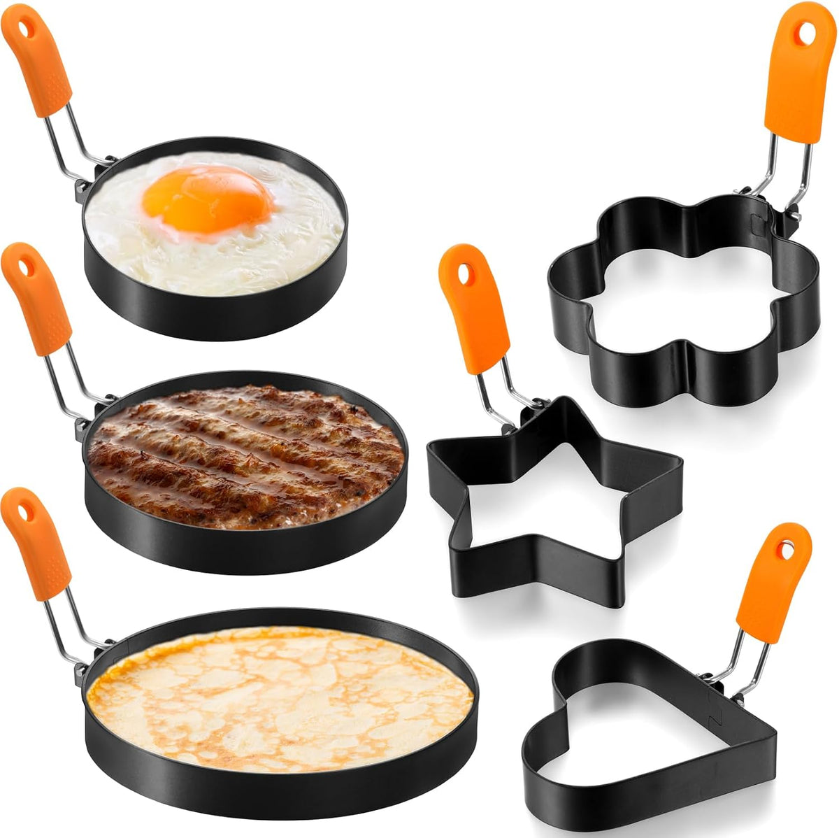 Patelai 6 Pcs Egg Rings Griddle Pancake Molds, Round Style, 4, 6, 8 Inch