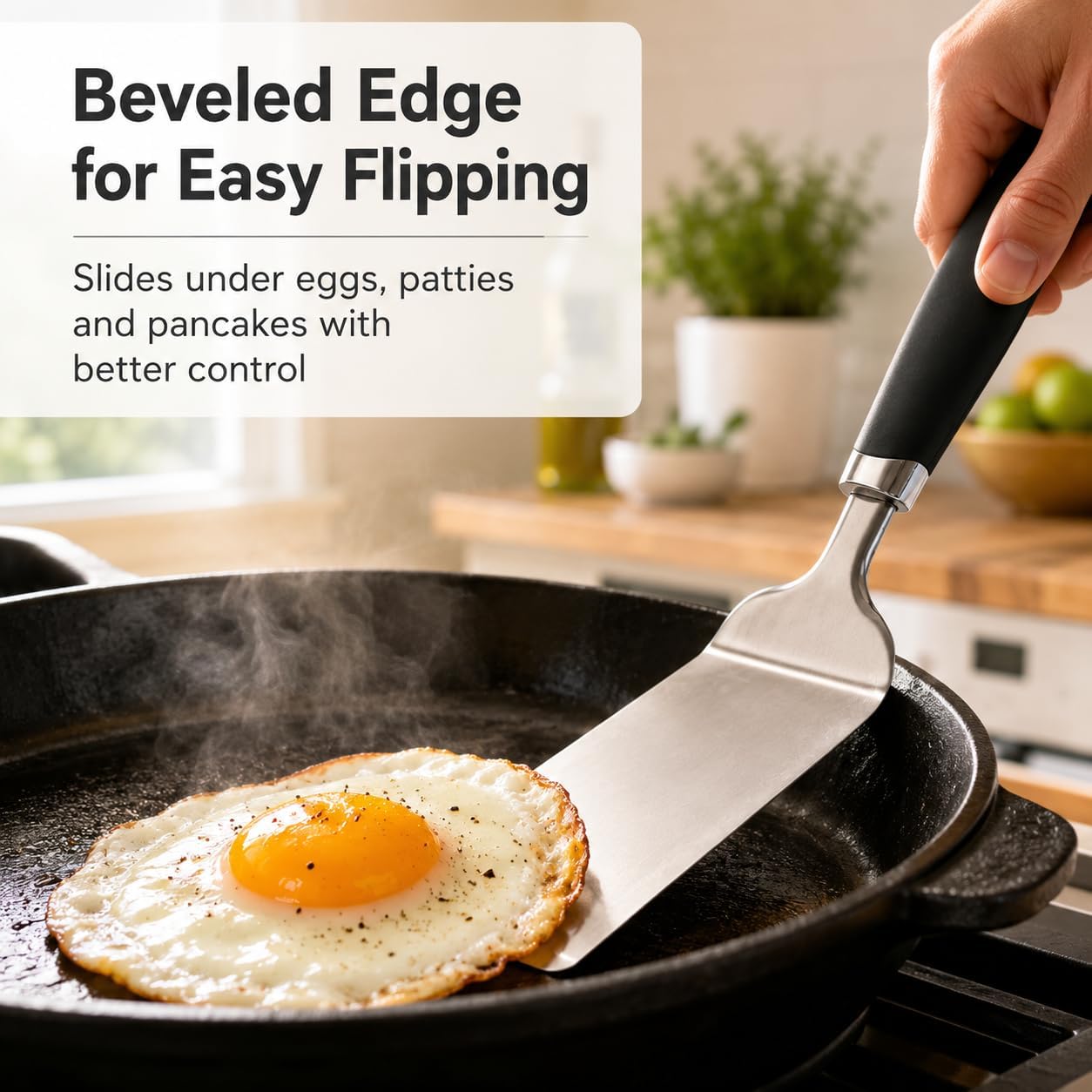 304 Stainless Steel Fish Spatula, Thin Flexible Slotted Turner | Non-Slip Ergonomic Handle, Metal Spatula for Fish, Eggs, Burgers, Cast Iron & Griddle, Black