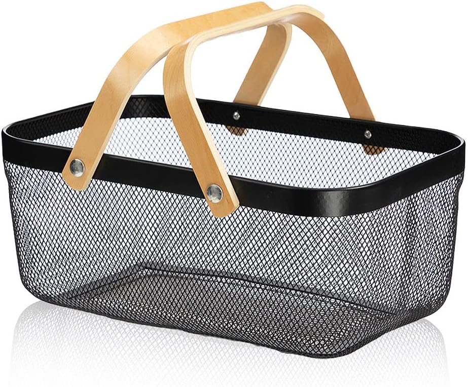 IBWell Square Metal Wire Woven Fruit Storage Bowl Basket with Wooden Handle, Large Black Mesh Fruit Stand, Multi-function Hanging Kitchen Baskets (White, Normal)
