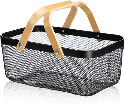 IBWell Square Metal Wire Woven Fruit Storage Bowl Basket with Wooden Handle, Large Black Mesh Fruit Stand, Multi-function Hanging Kitchen Baskets (White, Normal)