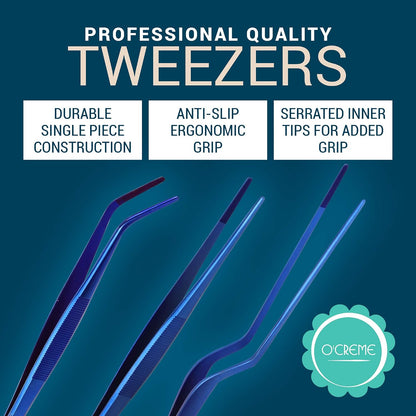 O'Creme Set of Culinary Tweezer Tongs 8 Inch Straight, Offset and Curved, Plus Super Sharp Chef Scissors, Total 4 Pieces (Blue)