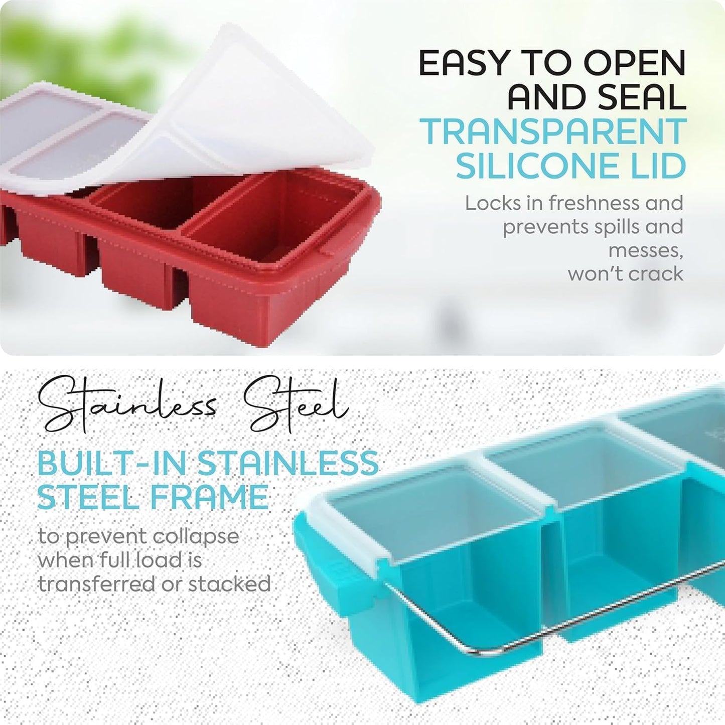 Silicone Freezer Tray With Lid-Soup Freezer Container molds-Large Ice Cube Tray Set Makes 1-Cup & 2-Cup portions cubes Perfect for preparing meals in different portion sizes Oven & Dishwasher -Safe
