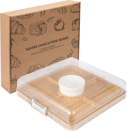 WILLKOMMEN Charcuterie Board with Lid- 5 Compartment Carbonized Bamboo Serving Tray with Locking Lid, Square Serving Platter Divided Serving Dishes for Party Cheese Snack Fruit