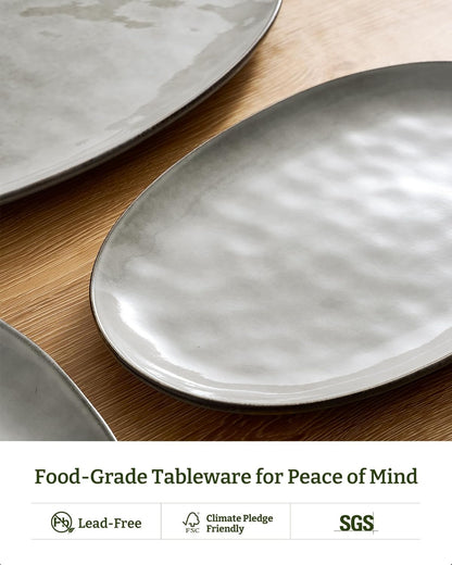 famiware Serving Platter, Oval 15.59/14.3/12.9inch Serving Dishes for Entertaining, Serving Bowls, Microwave Safe, Stoneware Serving Trays for Party, Food, Turkey, Cheese, Ocean Series, Vanilla White