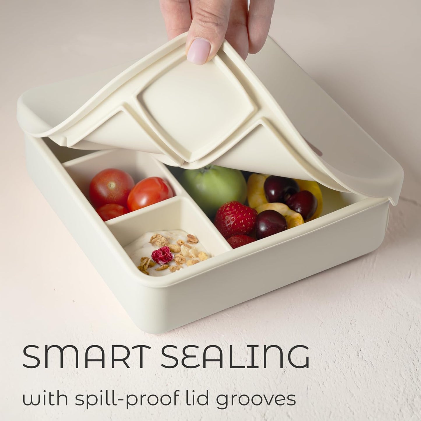 ASOMIC Large Silicone Bento Box, 5 Compartments, Leakproof Lunch Container, BPA-Free, Microwave & Dishwasher Safe, For Work, School & Travel (Ivory)
